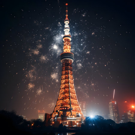 Tokyo Tower with fireworks at New Year's Eve, Japan.の素材