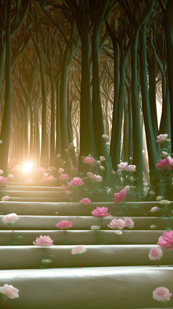 Dark forest with pink flowers, 3d render, square image.の素材