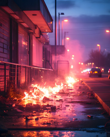 Flames from fire on the street in the city at night.の素材