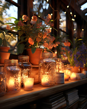 Candles and flowers in a glass jar on the windowsill.の素材