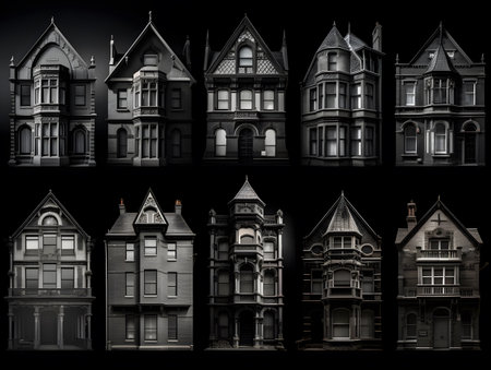 3D render of a set of beautiful Victorian houses on a black backgroundの素材