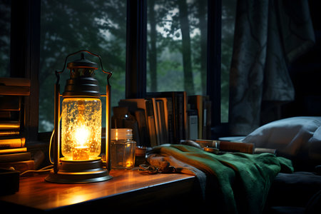 Lantern and books on the window sill in a dark roomの素材