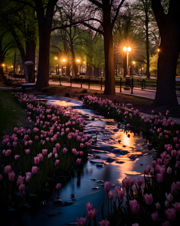 Tulips in the park at night with lanterns. Beautiful spring landscape.の素材