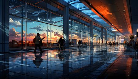 Silhouette of business people walking in the airport terminal at sunsetの素材