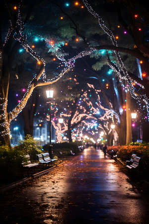 Lights on the street in the park at night. Night illuminationの素材