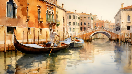 Venice canal with gondolas and old buildings, Italy.の素材
