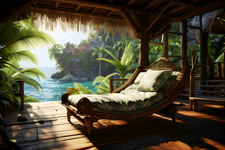 3D render of a tropical villa with a hammock on the beachの素材