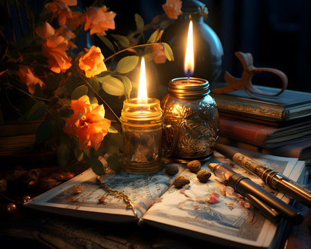 Still life with a candle, books and flowers on a dark backgroundの素材