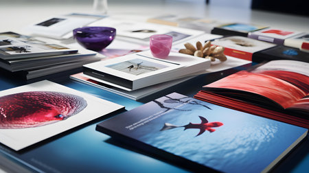 3d rendering of a lot of books and magazines on the tableの素材