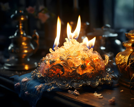 Burning candle in the shape of a crown in the church.の素材