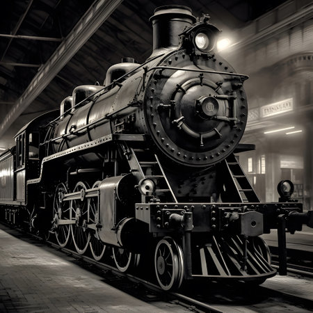 Old steam locomotive in the train station. Black and white image.の素材
