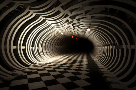 3d render of tunnel with glowing lights in black and white colorsの素材