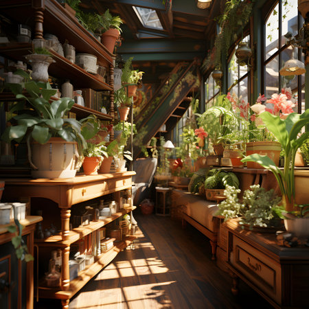 Interior of a cozy coffee shop with shelves full of flowers and plantsの素材