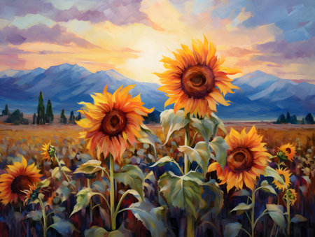 Oil painting of sunflowers in a field with mountains at sunsetの素材