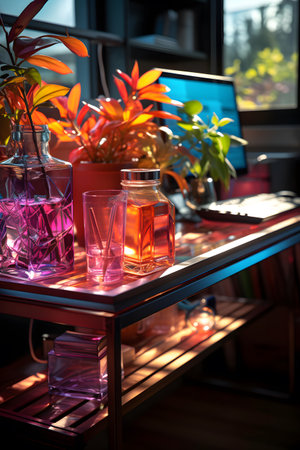 Interior of a cafe with a lot of plants on the tableの素材