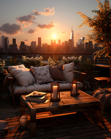Luxury terrace with view of the city at sunset.の素材