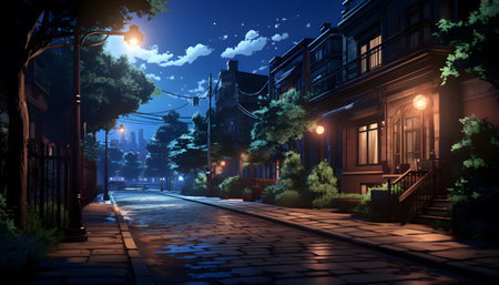 Night street with old houses and lanterns. 3D rendering.の素材