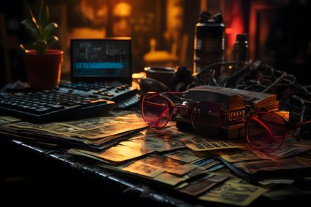 Still life photo of old computer keyboard, glasses and money on dark background.の素材