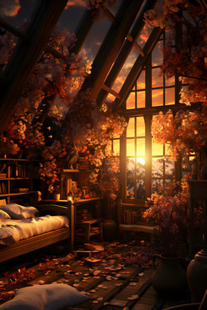 3d rendering of a bedroom with cherry blossoms at sunset.の素材