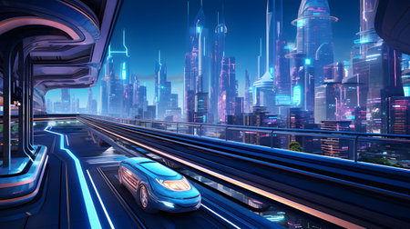 3d illustration of modern city at night with fast moving cars.の素材