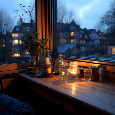 Glass jars with spices on the windowsill of the house in the eveningの素材