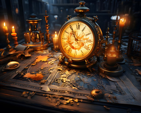 Vintage clock on the table in the dark. 3d renderingの素材
