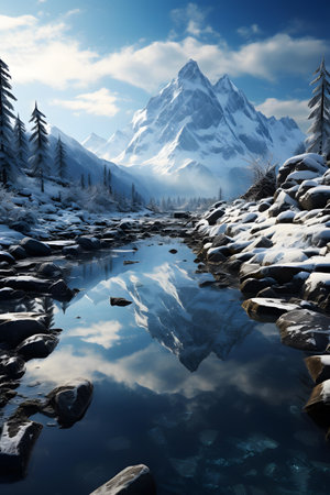 Beautiful winter landscape with mountain lake and snow-capped peaksの素材