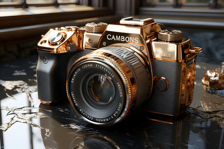 3D rendering of a vintage gold SLR camera on reflective surfaceの素材