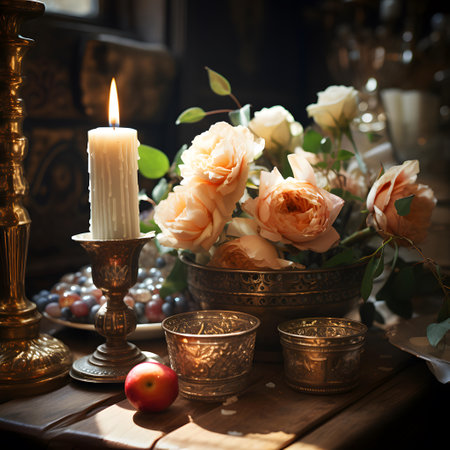 Still life with roses and candles on a wooden table. Selective focus.の素材