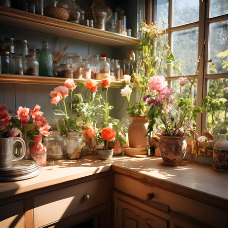 Vintage kitchen interior with flowers in vases and old bookshelvesの素材