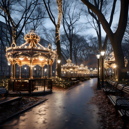 Carousel in the park at night. Beautiful winter evening in the city.の素材