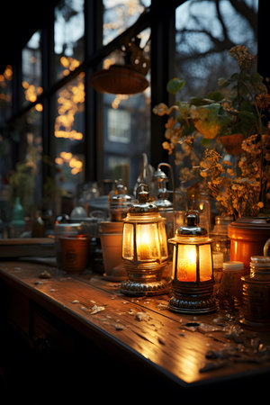 Lanterns and candles on a wooden table in a restaurantの素材