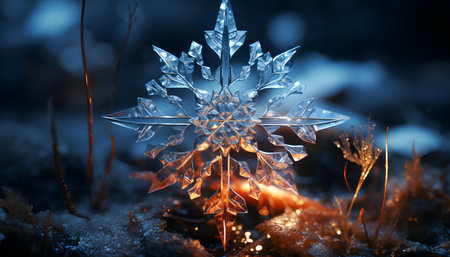 Fantasy crystal snowflake in the forest. 3D illustrations.の素材