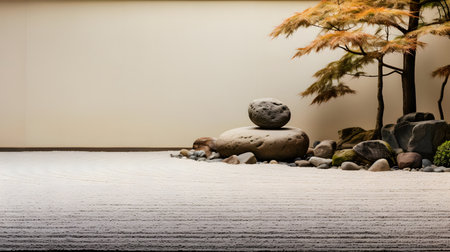 Japanese garden with stone and tree in front of the wall, stock photoの素材