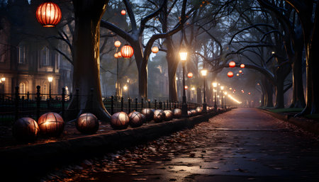 Park at night with lanterns and foggy trees in the backgroundの素材
