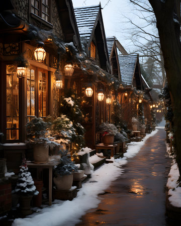 Houses on a snowy street in New York City, USA.の素材