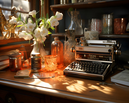 Vintage typewriter, books and flowers on a table in a roomの素材
