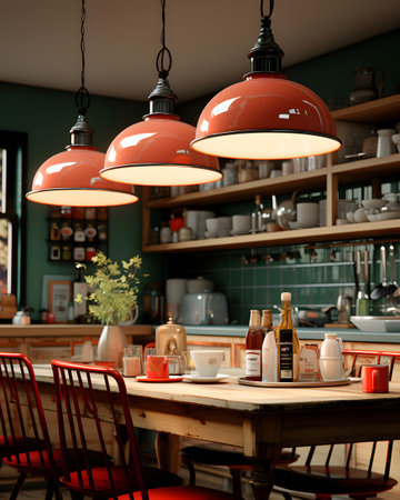 3d rendering of a coffee shop interior with a table, chairs and a red lampの素材