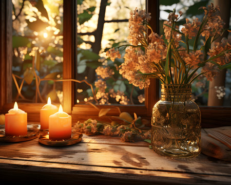 Bouquet of yellow flowers in a glass vase and burning candles on the windowsill.の素材