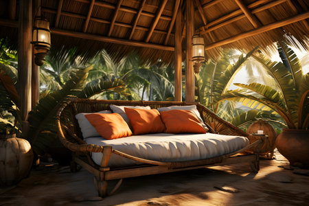 3d rendering of a tropical garden with palm trees and a sofaの素材