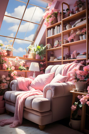 Living room interior with pink armchair, bookshelf and flowersの素材