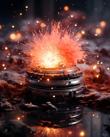 3D rendering of a gas burner with sparks in the background.の素材