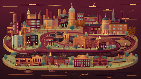City landscape in retro style. Vector illustration. Cityscape with buildings and streets.の素材