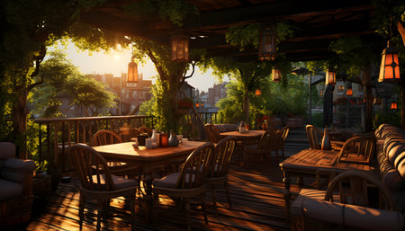 Restaurant terrace with wooden tables and chairs at sunset.の素材