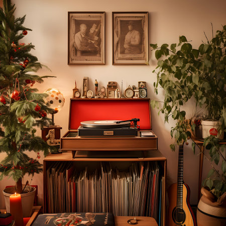 Vintage vinyl record player in a living room with a Christmas treeの素材