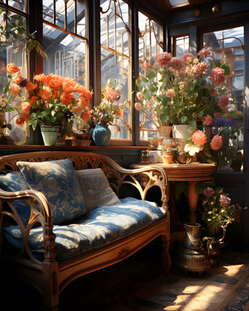 Interior of a cafe with vintage furniture and flowers in vasesの素材