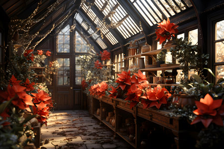 Flower shop interior with Christmas decorations. Xmas and New Year conceptの素材