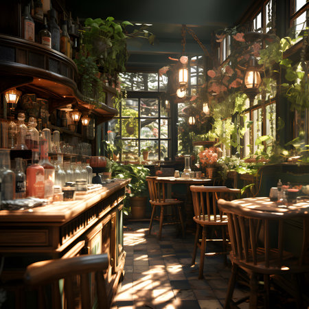 Restaurant interior with wooden tables and chairs. 3d renderingの素材
