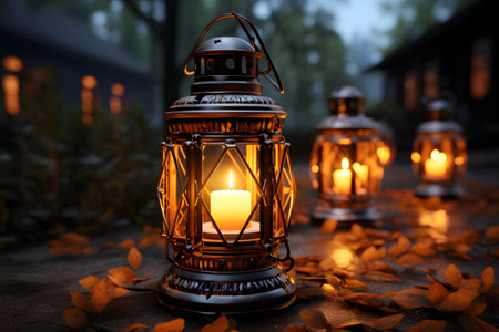 Lantern with burning candle on blurred background. Halloween concept.の素材