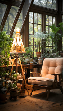 Interior of cozy living room with armchair, plants and lampの素材